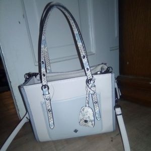 baby blue and grey snake skin bag